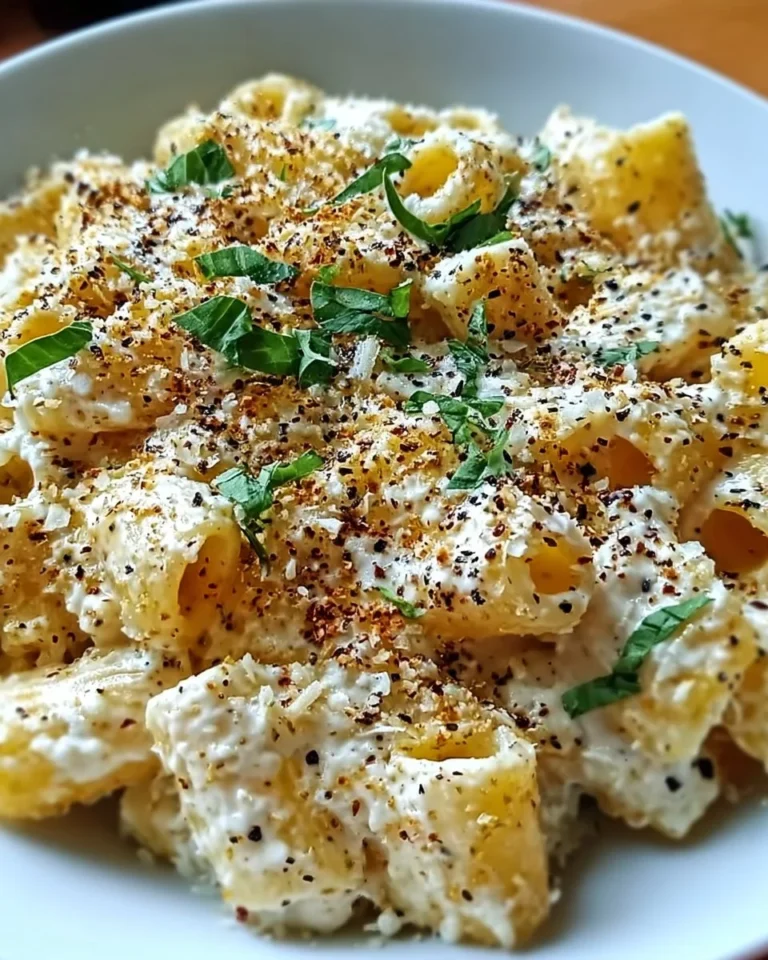A plate of easy ricotta pasta garnished with herbs and cheese