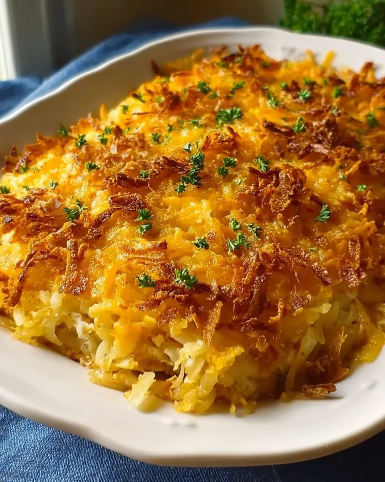 Easy rotisserie chicken hash brown casserole in a baking dish