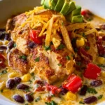 Delicious slow cooker chicken dinner ready to serve with vegetables.