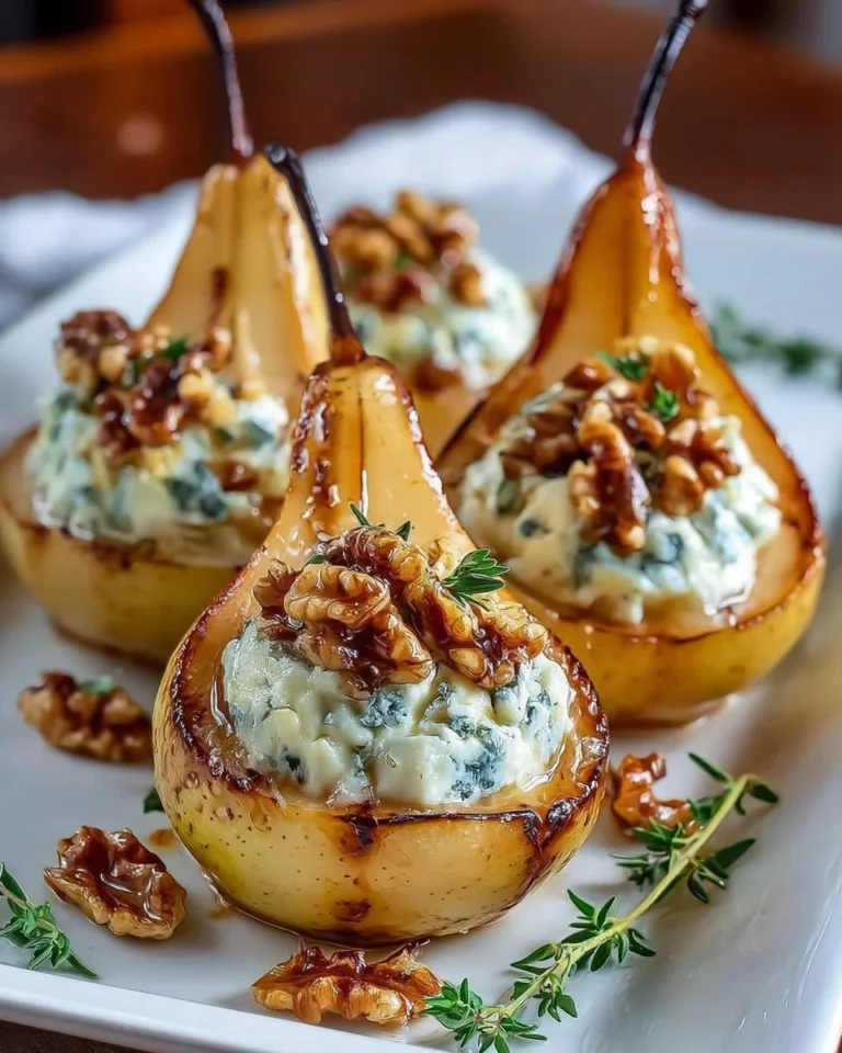Elegant blue cheese stuffed pears served on a platter