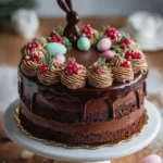 Decorative festive chocolate cake for special occasions with rich frosting and toppings