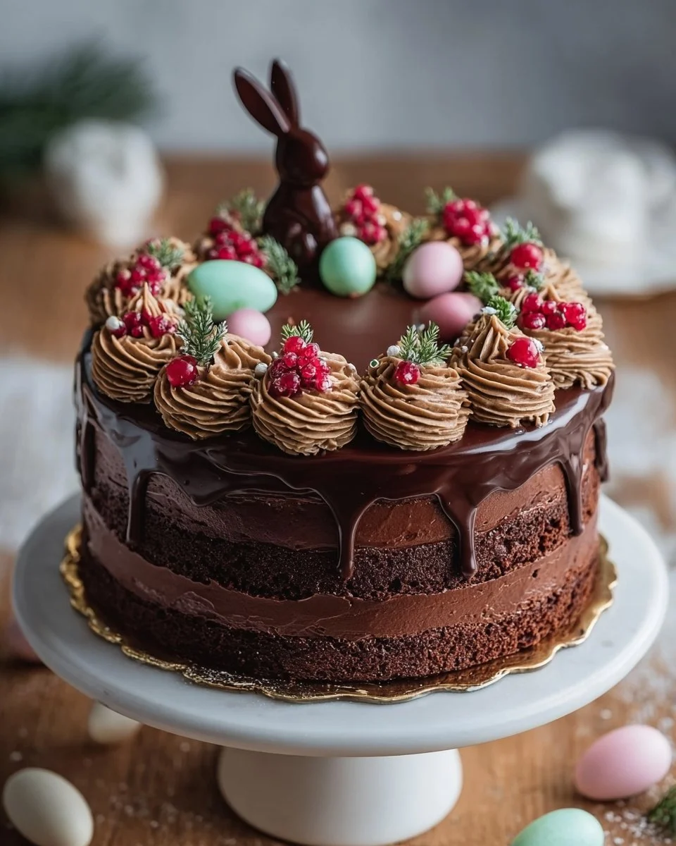 Decorative festive chocolate cake for special occasions with rich frosting and toppings
