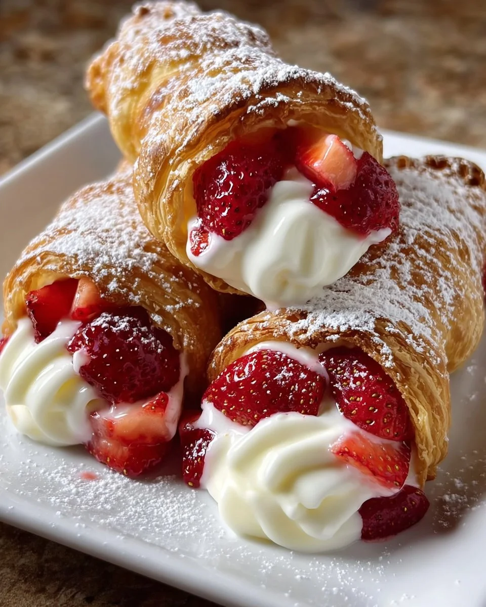 Flaky strawberry cream horns filled with whipped cream and fresh strawberries