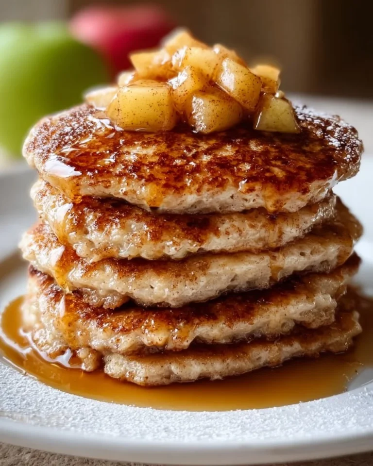 Stack of fluffy apple cinnamon pancakes topped with syrup and apple slices