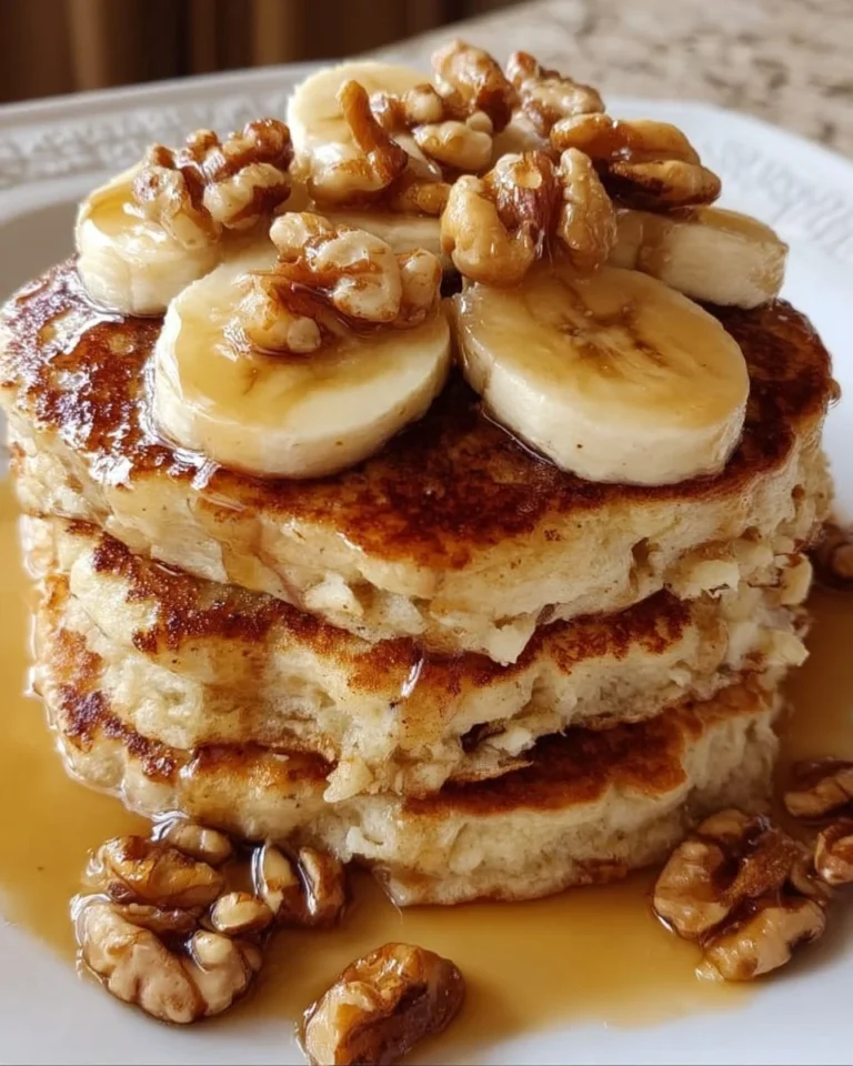 Fluffy banana walnut pancakes topped with syrup and walnuts