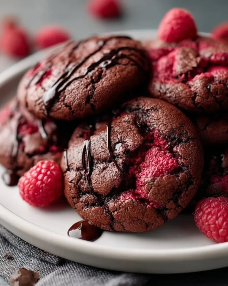 Fudgy raspberry dark chocolate cookies with a rich, gooey texture.