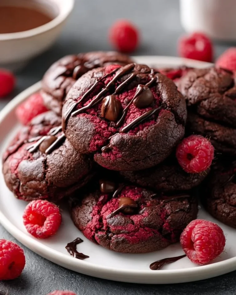 Fudgy raspberry dark chocolate cookies on a plate, topped with fresh raspberries.