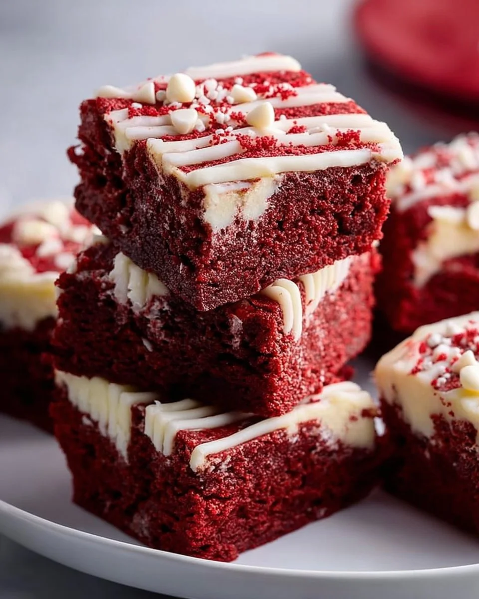 Delicious fudgy red velvet brownies on a plate with a chocolate drizzle.