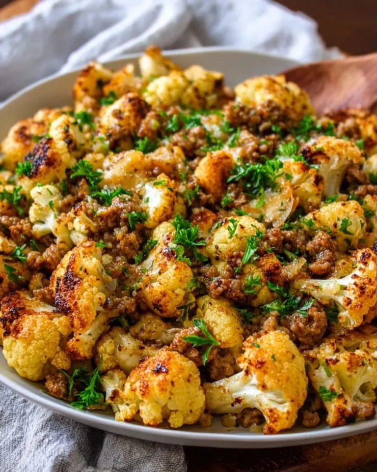 Garlic Butter Ground Turkey with sautéed cauliflower in a skillet