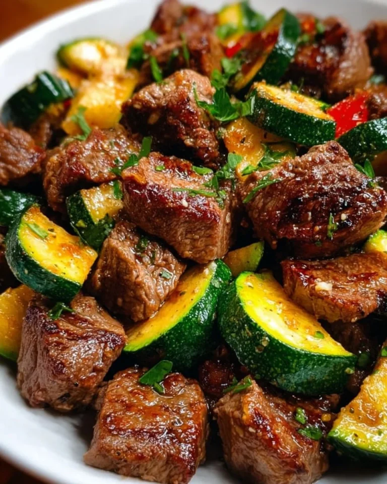 Garlic butter steak bites served on a plate, garnished with herbs.
