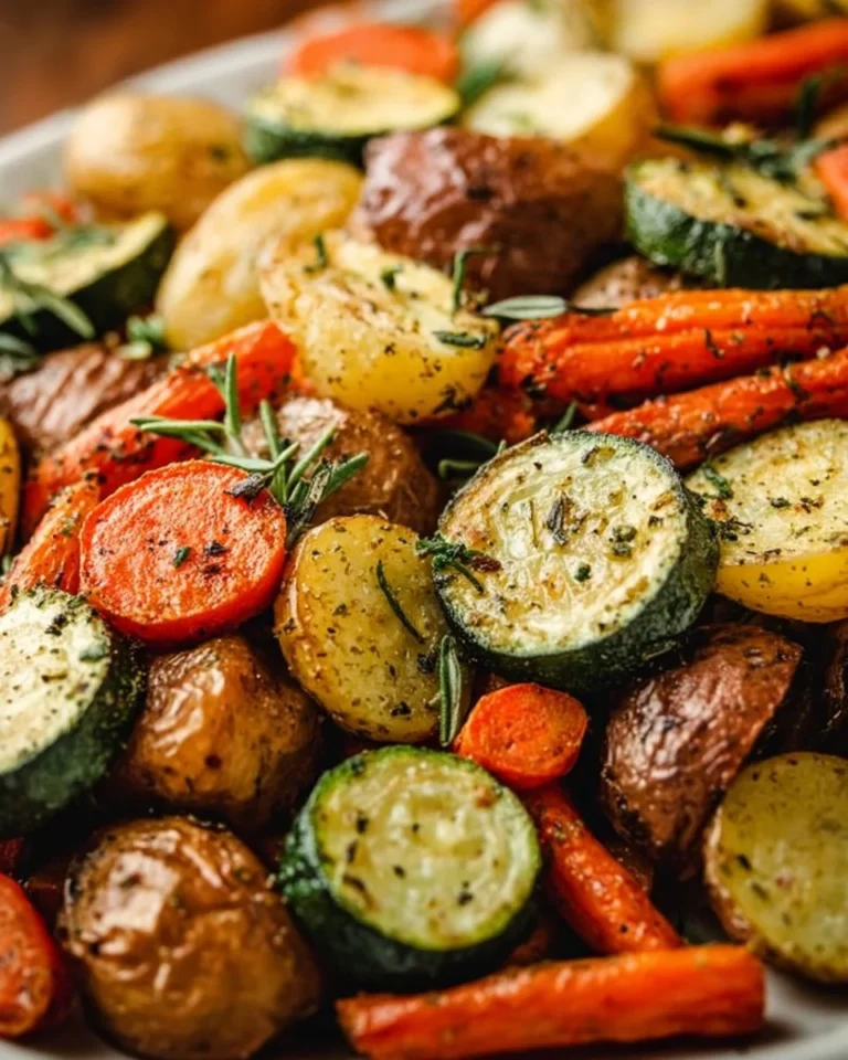 Garlic herb roasted potatoes, carrots, and zucchini on a serving dish