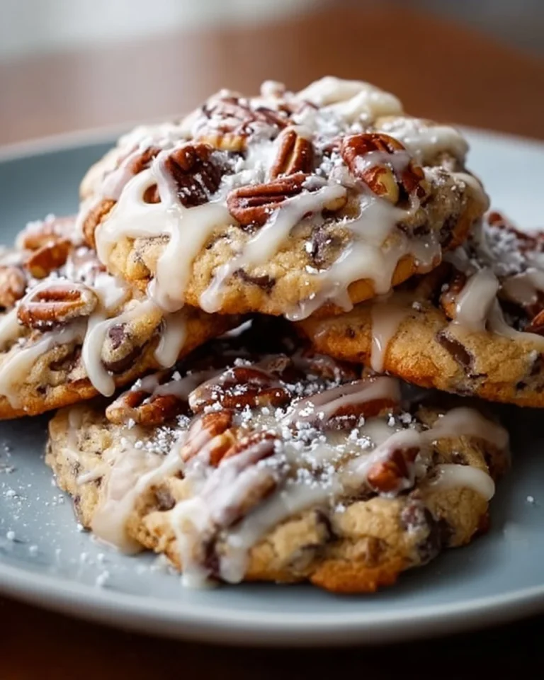 Glazed pecan chocolate chip cookies with melted chocolate and crispy pecan bits.