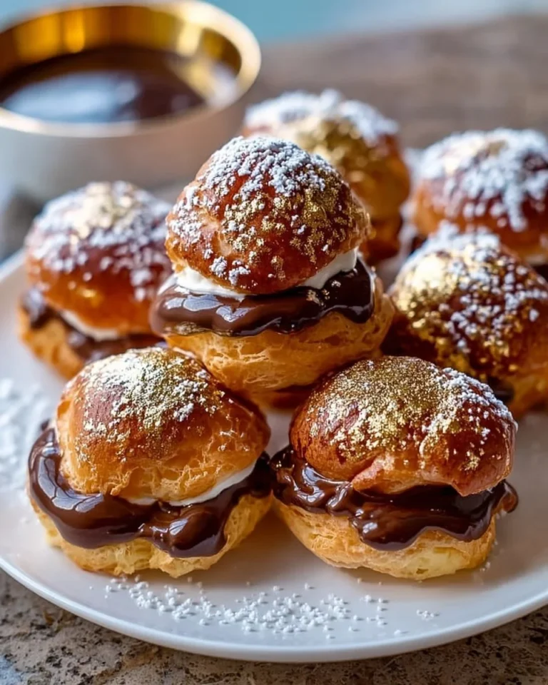 Gold dusted chocolate profiteroles filled with chocolate cream