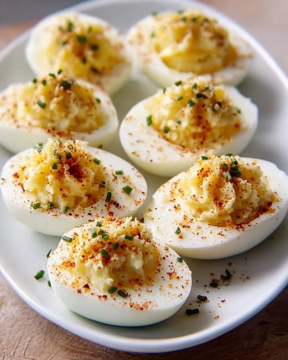 Gourmet truffle parmesan deviled eggs garnished with herbs