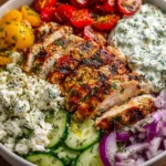 A colorful Greek Chicken Bowl with fresh veggies, feta cheese, and olives.