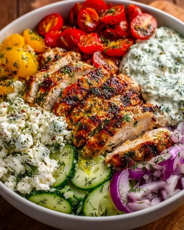A colorful Greek Chicken Bowl with fresh veggies, feta cheese, and olives.