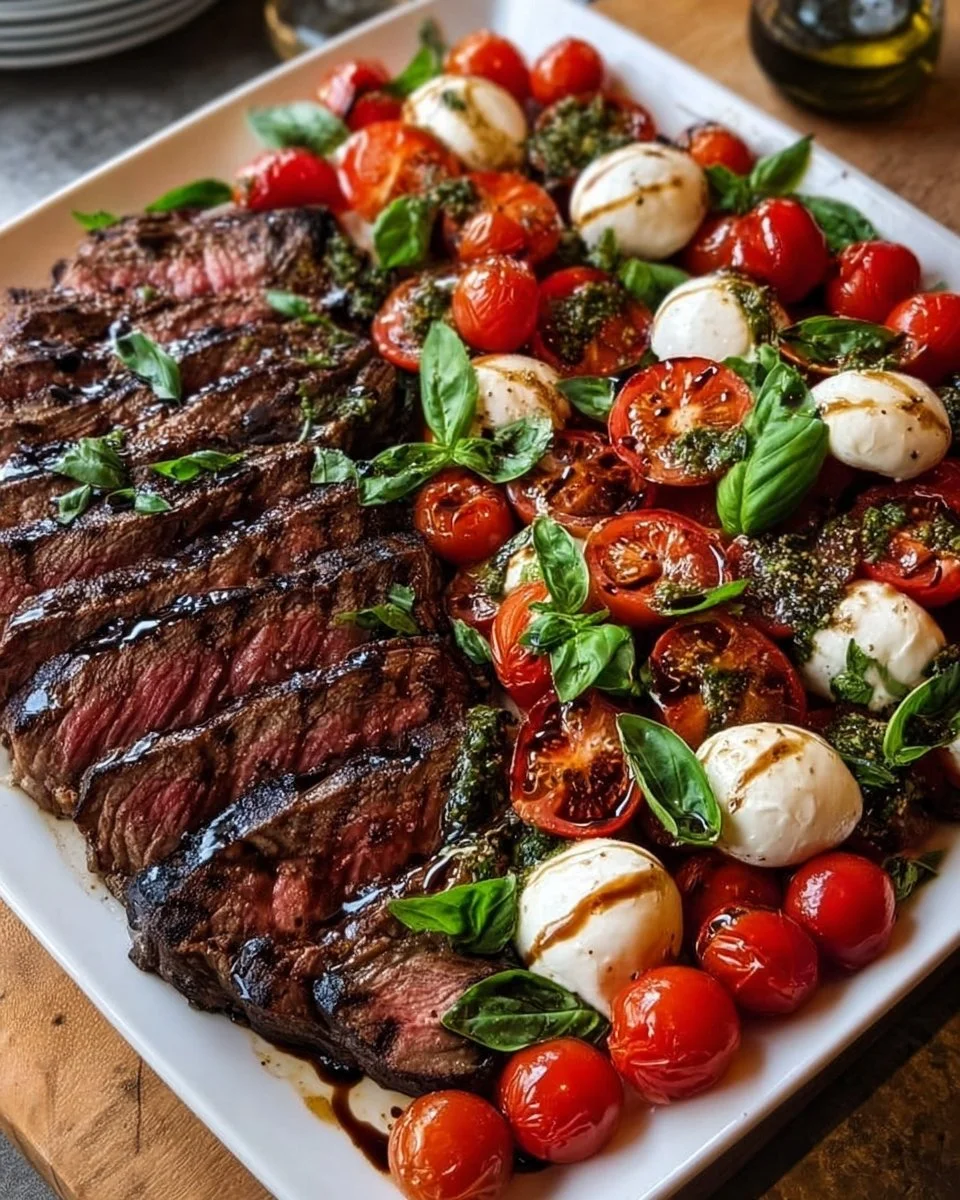 Grilled Caprese Steak Platter with fresh mozzarella and tomatoes