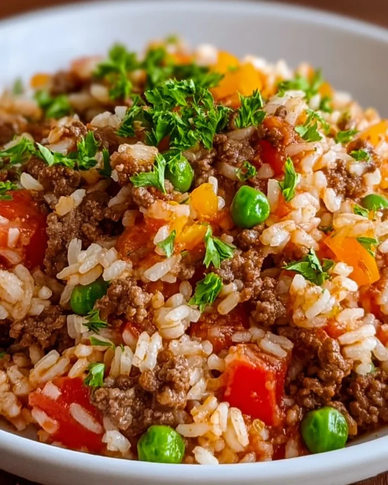 Ground beef and rice skillet meal in a pan with fresh vegetables
