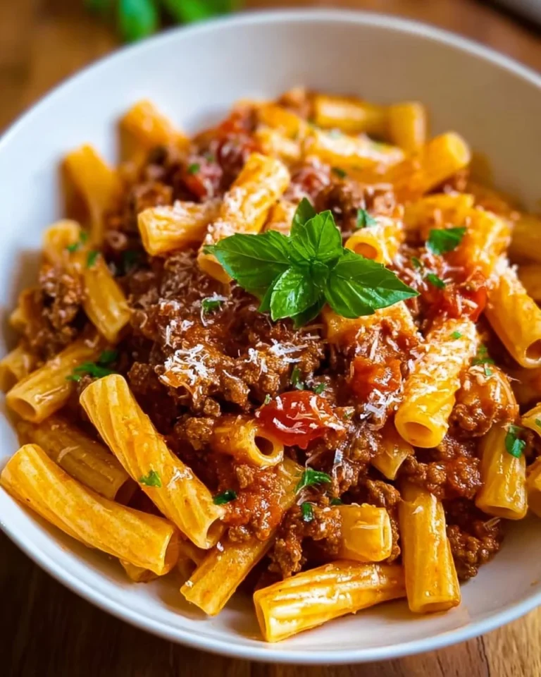Ground Beef Pasta in Tomato Sauce served in a bowl with herbs