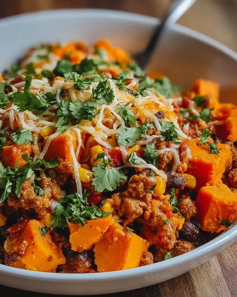 Healthy Ground Turkey Sweet Potato Casserole topped with savory ingredients