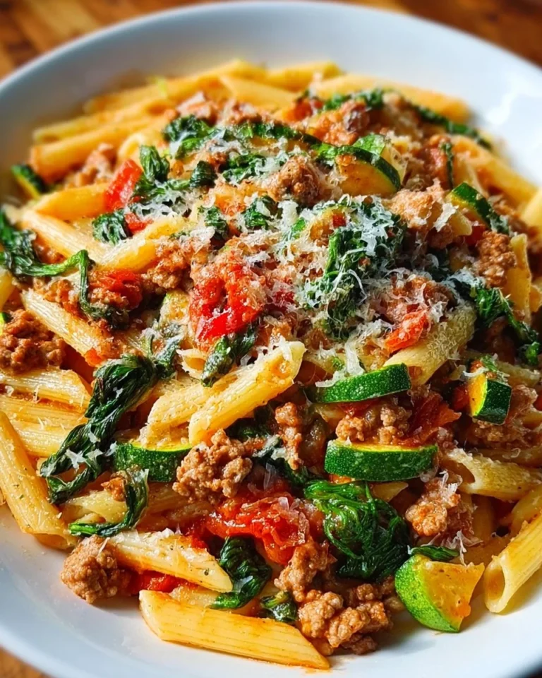 Healthy ground turkey veggie pasta dish with colorful vegetables and noodles