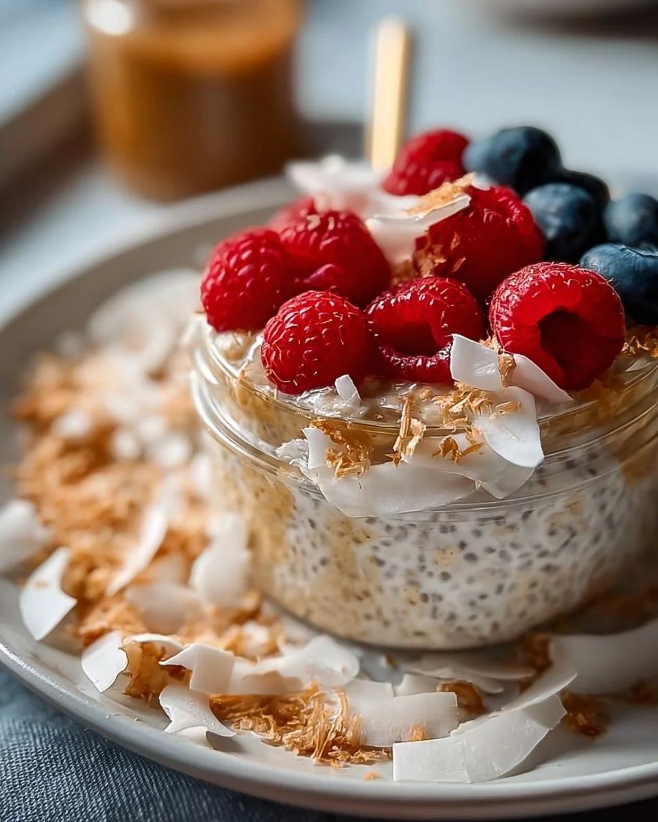 Bowl of healthy coconut cream overnight oats topped with fresh fruits