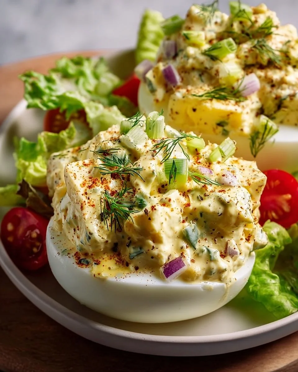 Healthy egg salad bowl with fresh vegetables and herbs