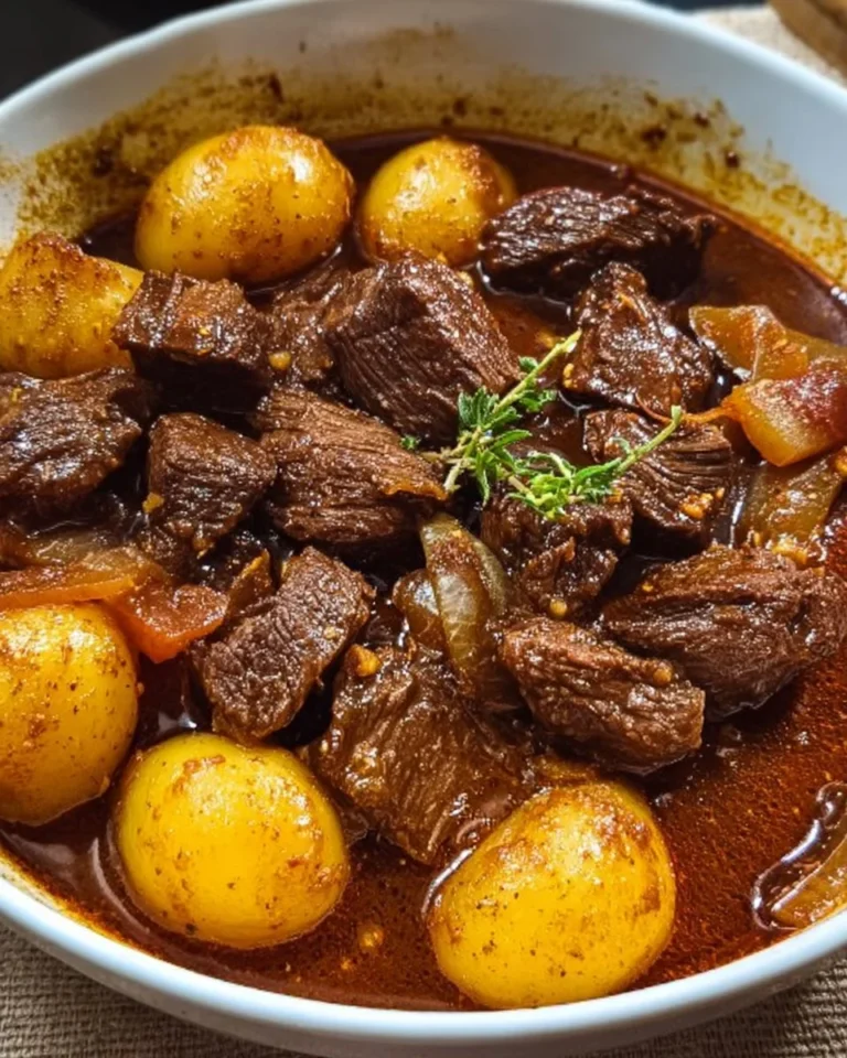 A delicious bowl of hearty beef and potato stew garnished with fresh parsley.