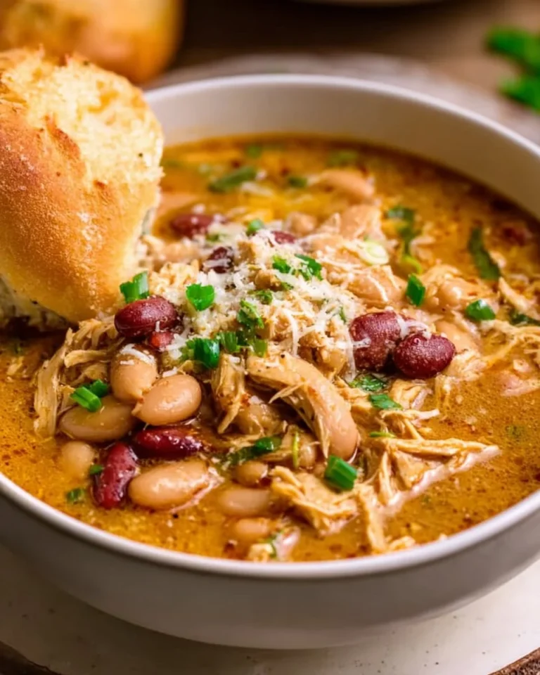 Bowl of hearty Cajun White Chicken Chili topped with fresh herbs