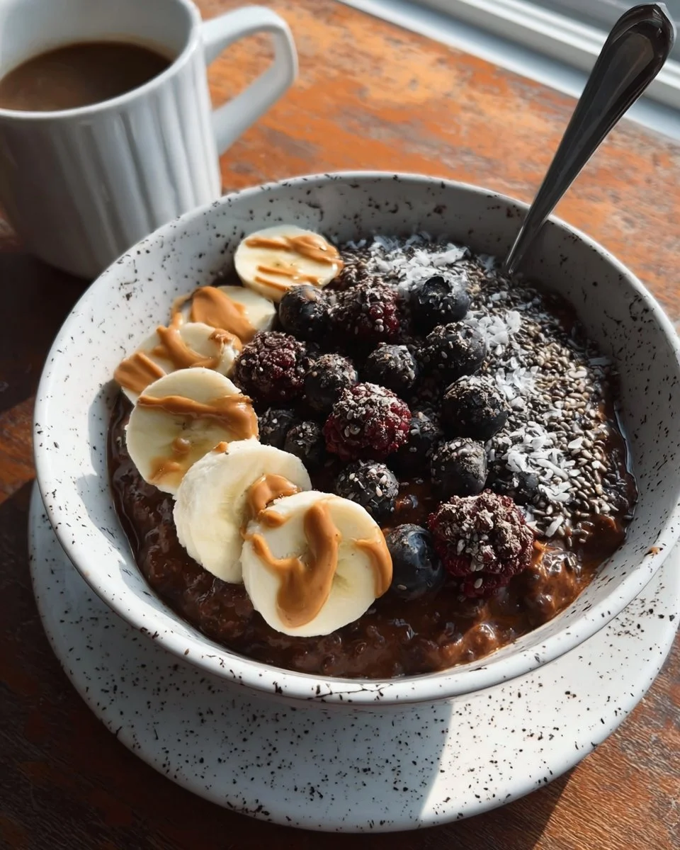 Delicious high-fibre chocolate oatmeal topped with fruits and nuts