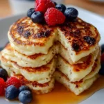High protein cottage cheese pancakes stacked on a plate with syrup and berries.