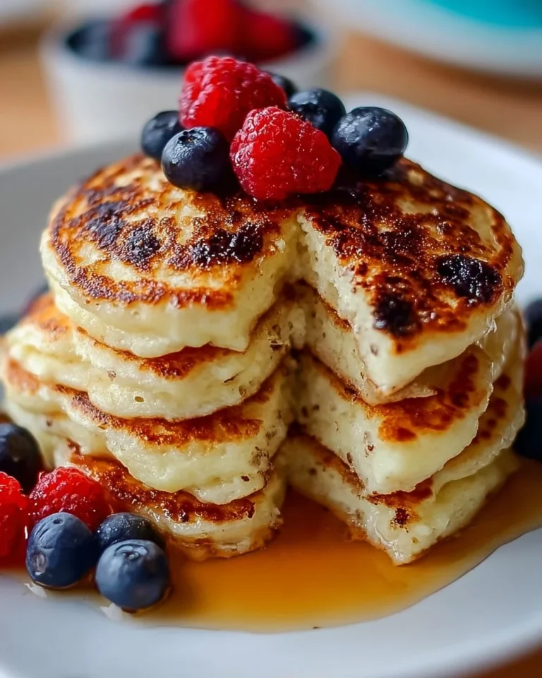 High protein cottage cheese pancakes stacked on a plate with syrup and berries.