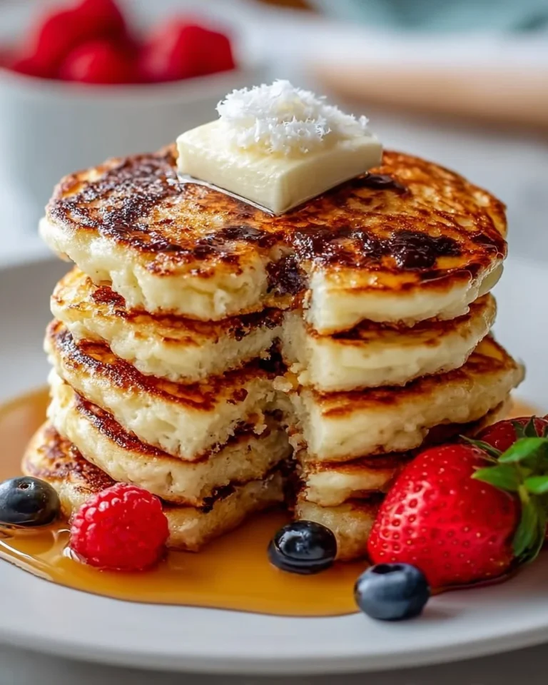 Delicious high protein cottage cheese pancakes stacked on a plate
