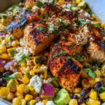 High-Protein Tex-Mex Chicken and Roasted Corn Bowl served in a bowl.