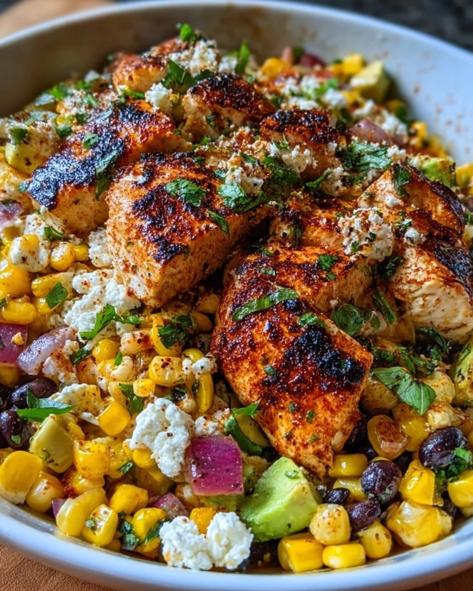 High-Protein Tex-Mex Chicken and Roasted Corn Bowl served in a bowl.