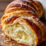 Homemade croissant bread loaf with golden flaky layers on a wooden table.