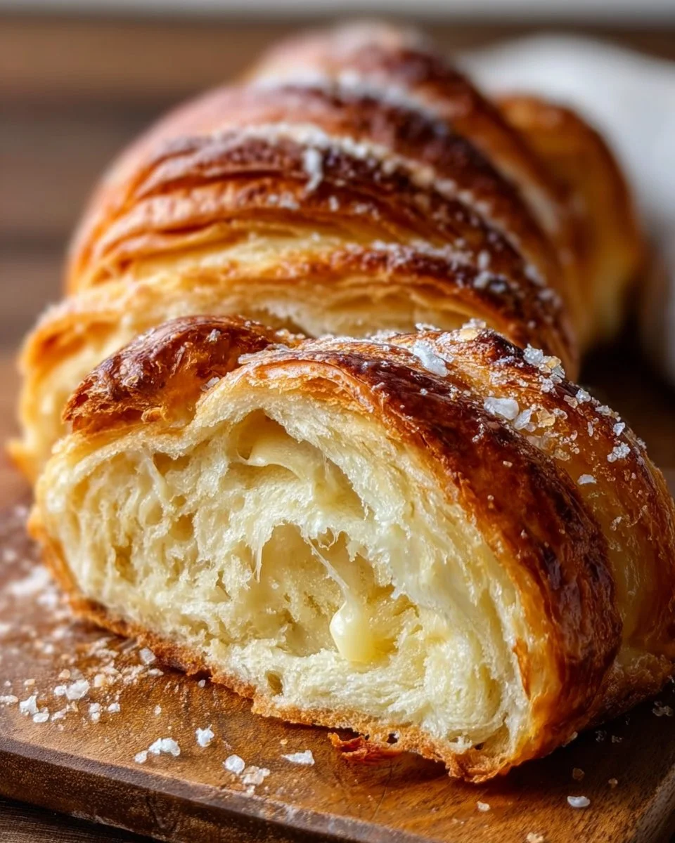Homemade croissant bread loaf with golden flaky layers on a wooden table.