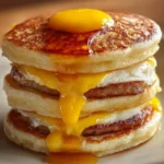 Homemade McGriddle with pancakes, maple syrup, and bacon on a plate.