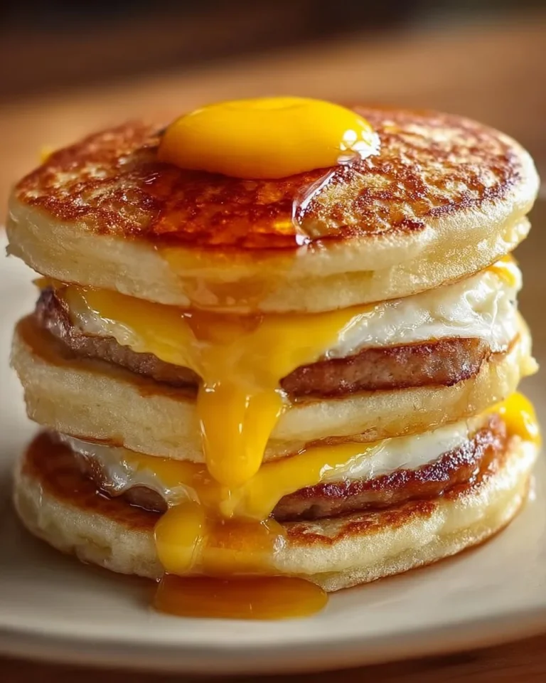 Homemade McGriddle with pancakes, maple syrup, and bacon on a plate.