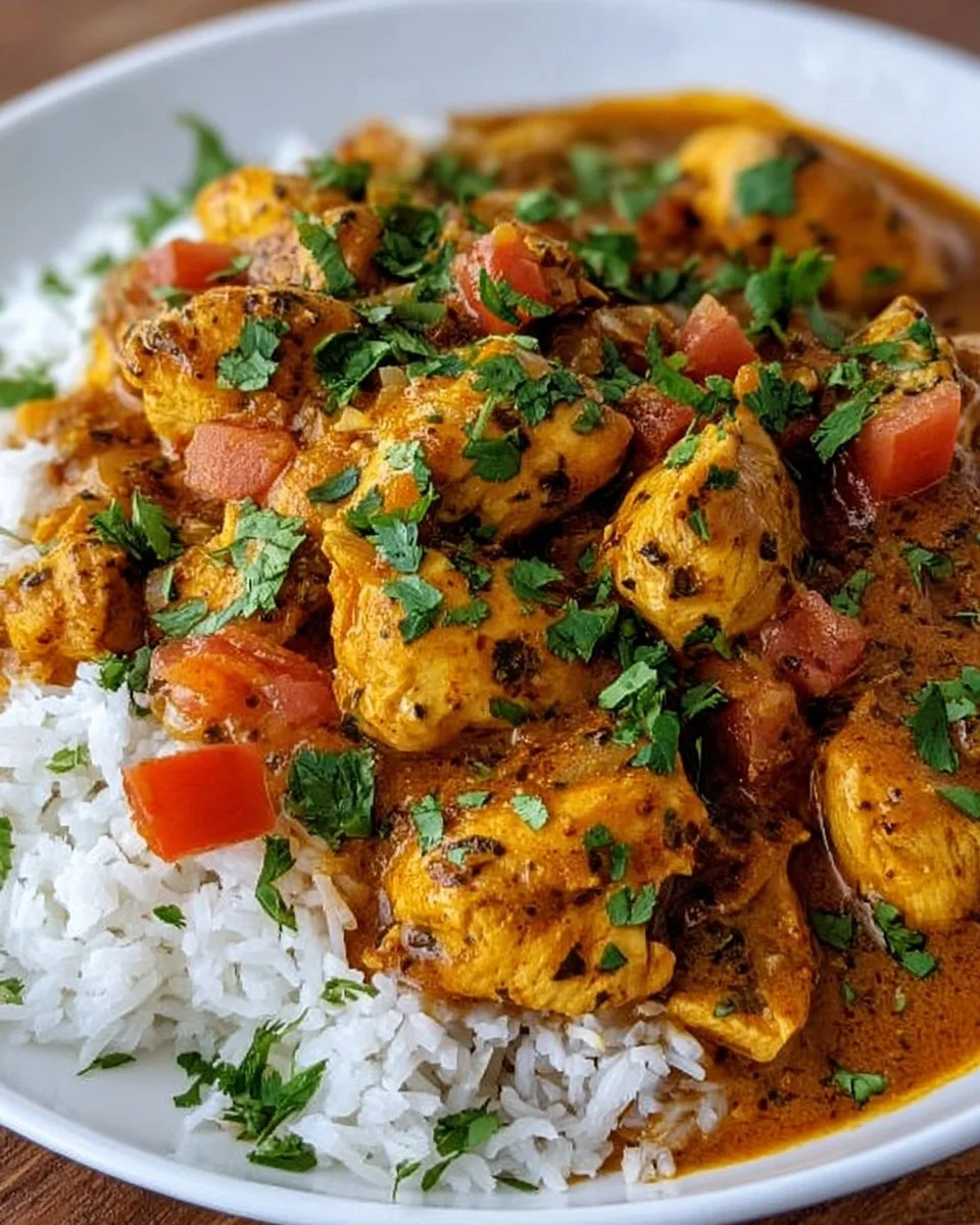 Delicious homestyle chicken curry served with rice on a plate