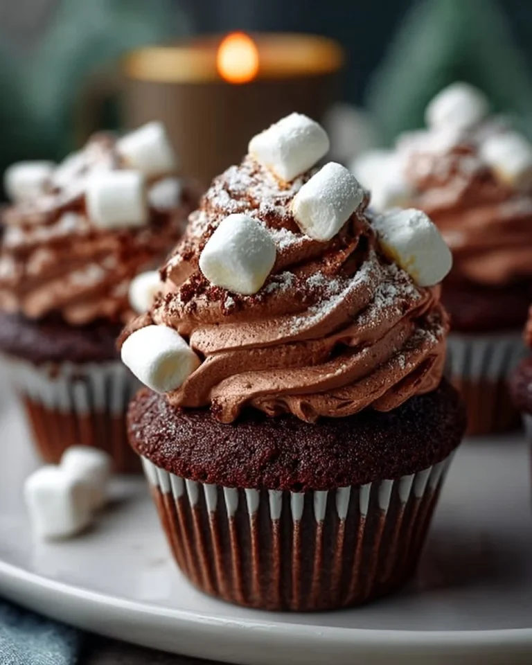 Delicious hot cocoa cupcakes topped with marshmallows and chocolate drizzle.