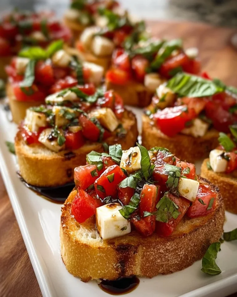 Delicious Italian bruschetta topped with fresh mozzarella and tomatoes