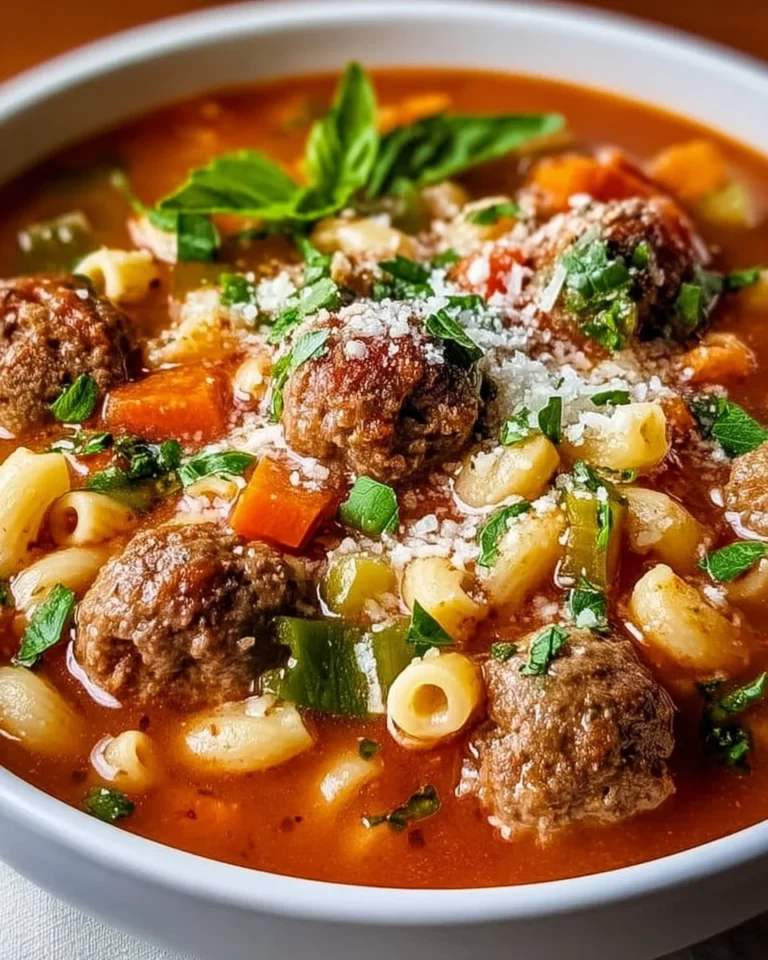 Bowl of Italian Meatball Soup with fresh ingredients and herbs