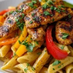 A delicious bowl of jerk chicken pasta topped with fresh herbs and spices.