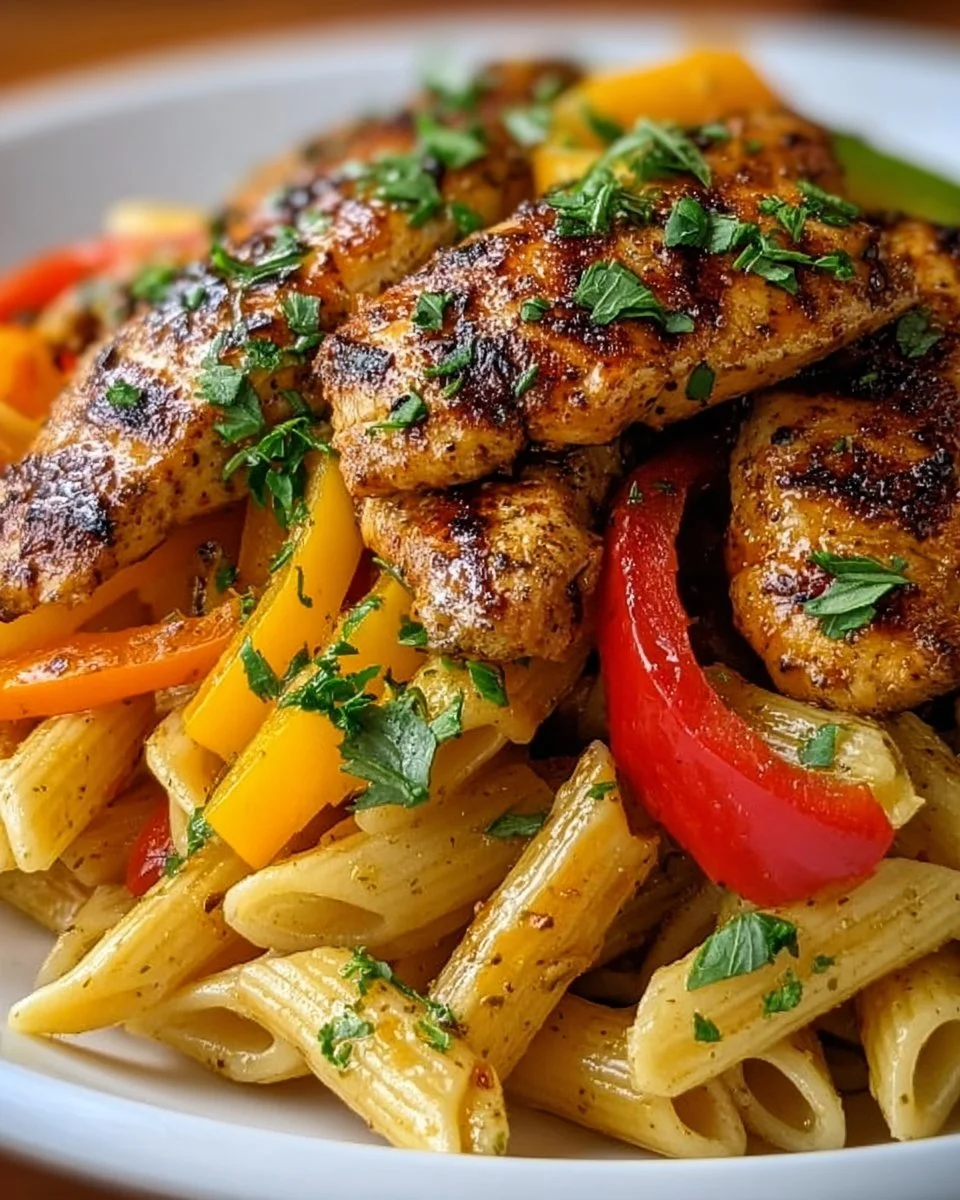 A delicious bowl of jerk chicken pasta topped with fresh herbs and spices.
