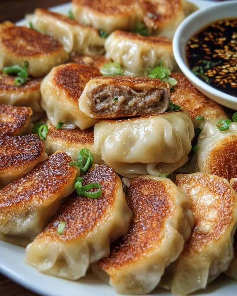 Juicy beef dumplings with crispy golden bottoms served on a plate.