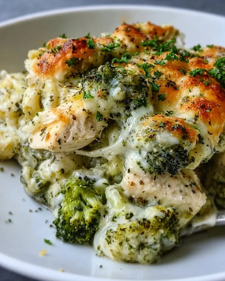 Keto Chicken Alfredo Broccoli Bake topped with cheese and broccoli in a casserole dish