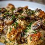Keto Garlic Mushroom Chicken Casserole garnished with herbs and served in a dish