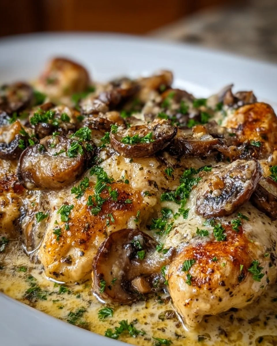 Keto Garlic Mushroom Chicken Casserole garnished with herbs and served in a dish