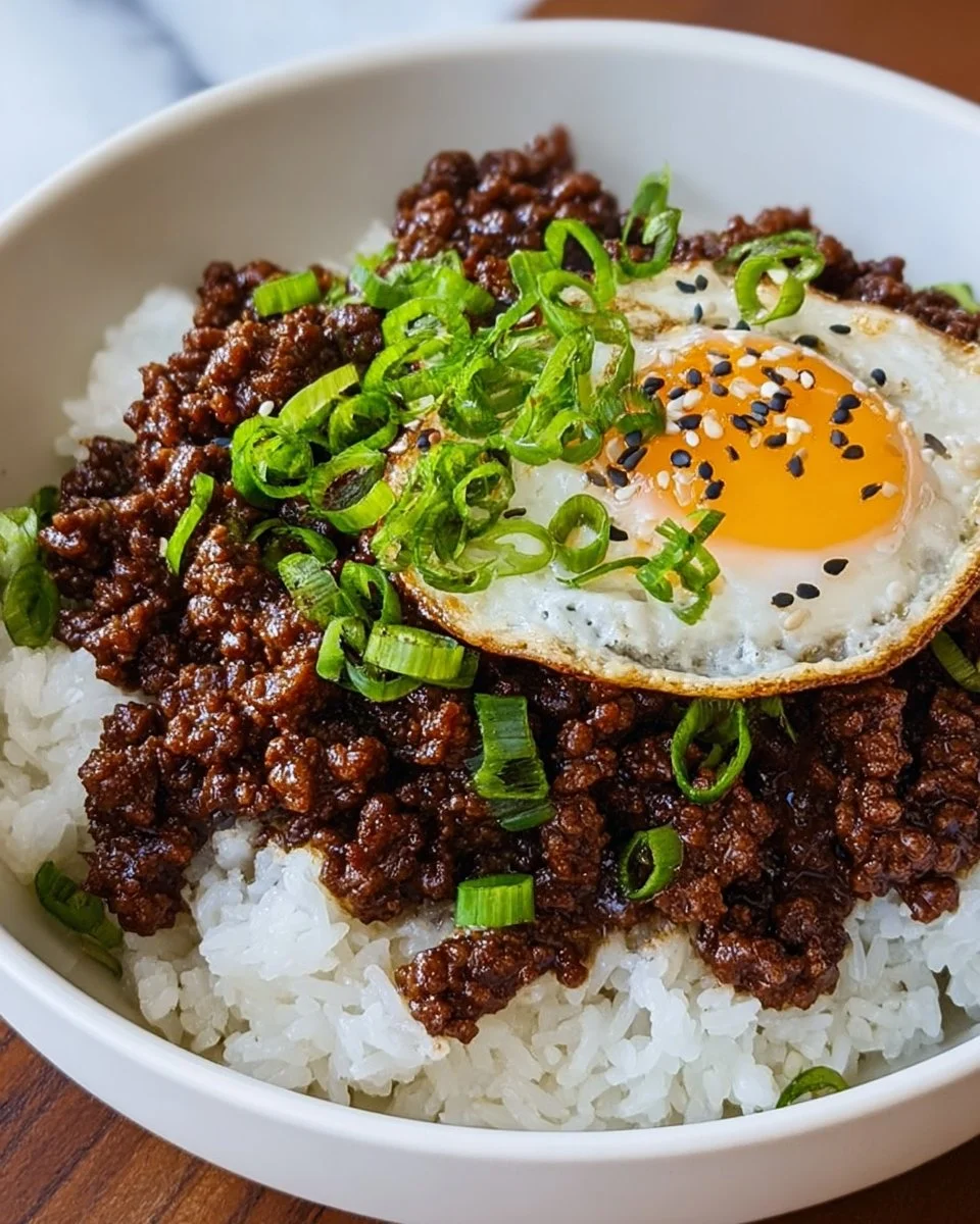 Korean beef bowl featuring tender beef, rice, and colorful vegetables.